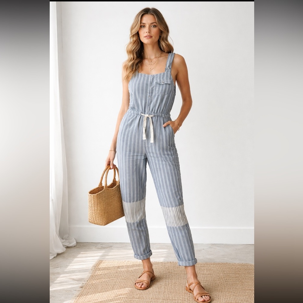 Sea New York Striped Cotton Linen Utility Jumpsuit Romper Size 6 Coastal Summer